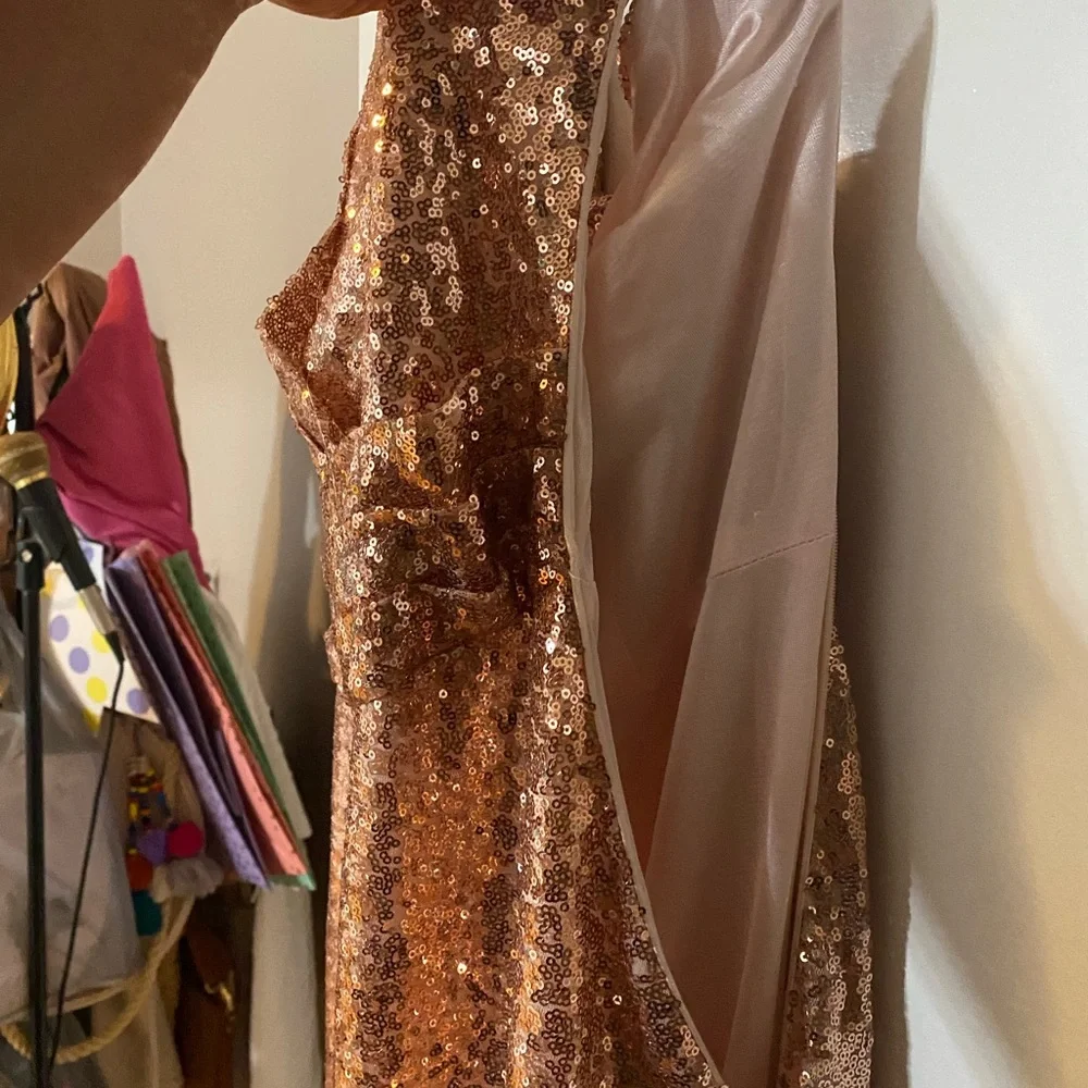 Rose Gold One Shoulder Evening Gown with Broken Zipper - Picture 7 of 7